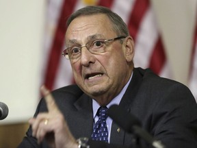 FILE - In this Wednesday, March 8, 2017, file photo, Maine Gov. Paul LePage speaks at a town hall meeting, in Yarmouth, Maine. LePage has some choice words for the state's senators after their health care vote, calling fellow Republican Susan Collins and independent Angus King "dangerous." LePage targeted them in an op-ed published Wednesday, Aug. 2, in the Wall Street Journal after they voted against a GOP proposal to repeal parts of "Obamacare." (AP Photo/Robert F. Bukaty, File)
