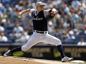 New York Yankees starting pitcher Sonny Gray delivers a pitch during the second inning of a baseball game against the Seattle Mariners on Saturday, Aug. 26, 2017, in New York. (AP Photo/Adam Hunger)