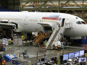 This Monday, June 12, 2017, photo shows a Boeing 787 being built for Norwegian Air Shuttle at Boeing Co.'s assembly facility, in Everett, Wash. On Tuesday, Aug. 1, 2017, the Institute for Supply Management, a trade group of purchasing managers, issues its index of manufacturing activity for July. (AP Photo/Ted S. Warren)
