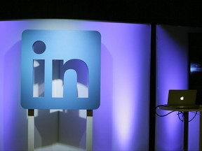 FILE - In this Thursday, Sept. 22, 2016, file photo, the LinkedIn logo is displayed during a product announcement in San Francisco. On Monday, Aug. 14, 2017, a federal judge ordered LinkedIn to stop blocking startup firm hiQ Labs, Inc. from scraping LinkedIn personal profiles for data. (AP Photo/Eric Risberg, File)