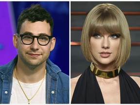 In this combination photo, music producer  Jack Antonoff appears at the MTV Video Music Awards on Aug. 27, 2017, left, and Taylor Swift attends the Vanity Fair Fair Oscar Party in Beverly Hills, Calif. on Feb. 28, 2016. Antonoff is keeping quiet about who Swift is singing about in her new song, "Look What You Made Me Do." Antonoff co-wrote and co-produced the song that is rumored to be about Kanye West. (Photos by Jordan Strauss, left, and Evan Agostini/Invision/AP, File)