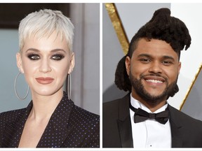 FILE - This combination photo shows musicians, from left, Ed Sheeran, Katy Perry, The Weeknd and Miley Cyrus, who will perform at the MTV Video Music Awards on Aug. 27 at the Forum in Inglewood, Calif. MTV announced, Monday, Aug. 7, that Lorde, Shawn Mendes, Fifth Harmony and Thirty Seconds to Mars will also perform. (AP Photo/File)