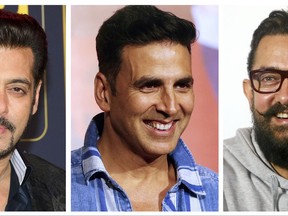 This combination photo shows Bollywood actors, from left, Shah Rukh Khan, Salman Khan, Akshay Kumar, Aamir Khan and Hrithik Roshan, who were named the top earning Bollywood actors by Forbes magazine. All the data, which includes revenue from endorsements, advertising and product lines, is from between June, 2016 to June, 2017, before fees and taxes. (AP Photo/File)