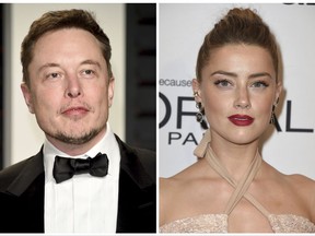 This combination photo shows Elon Musk at the Vanity Fair Oscar Party on Feb. 26, 2017, in Beverly Hills, Calif., left, and actress Amber Heard at the Glamour Women of the Year Awards on Nov. 14, 2016, in Los Angeles. Heard says she has broken up with SpaceX and Tesla mogul Elon Musk. She wrote on Instagram that although she and Musk have ended their romance, they "care deeply for one another and remain close." Heard says she is going through "difficult, very human times." (Photo by Evan Agostini, left, and Jordan Strauss/Invision/AP, File)