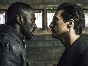 This image released by Sony Pictures shows Idris Elba, left, and Matthew McConaughey in the Columbia Pictures film, "The Dark Tower." (Ilze Kitshoff/Columbia Pictures/Sony via AP)