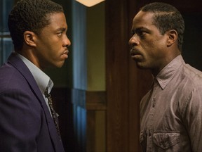 This image released by Open Road Films shows Chadwick Boseman, left, and Sterling K. Brown in a scene from "Marshall."  (Barry Wetcher/Open Road Films via AP)