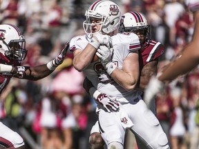 FILE - In this Oct. 22, 2016, file photo, Massachusetts tight end Adam Breneman (81) catches a pass against South Carolina linebacker T.J. Holloman (11) during the second half of an NCAA college football game in Columbia, S.C. Breneman was a huge recruit who went to Penn State, but injuries held him back in Happy Valley and he decided to give up football completely after the 2015 season. His best friend, UMass quarterback Andrew Ford, helped to change Breneman's mind. He joined the Minutemen August 2016, admittedly not in the best of shape, and ended up with 70 catches for 808 yards and eight touchdowns. Breneman at his best could be the best tight end in the country. (AP Photo/Sean Rayford, File)