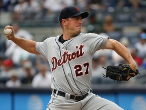 Detroit Tigers starting pitcher Jordan Zimmermann (27) delivers against the New York Yankees during the first inning of a baseball game, Wednesday, Aug. 2, 2017, in New York. (AP Photo/Julie Jacobson)