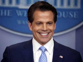 FILE- In this July, 21, 2017, file photo, New White House communications director Anthony Scaramucci speaks to members of the media in the Brady Press Briefing room of the White House in Washington. Short-lived White House communications director Scaramucci says if it were up to him, top adviser Steve Bannon would be gone from President Donald Trump's administration. "The Mooch," a few weeks removed from his spectacular flameout following an expletive-laden conversation with a reporter, appeared Monday, Aug. 14, on CBS' "Late Show" with Stephen Colbert. (AP Photo/Pablo Martinez Monsivais, File)