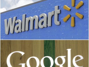 FILE- In this combo of file photos shows, a Google sign at a store on Aug. 7, 2017, in Hialeah, Fla., bottom, and a Walmart sign on June 1, 2017, in Hialeah Gardens, Fla. Walmart, the world's largest retailer, said Wednesday, Aug. 23, that it's working with Google to offer hundreds of thousands of items from laundry detergent to Legos for voice shopping through Google Assistant. The capability will be available in late September. (AP Photo/Alan Diaz, File)