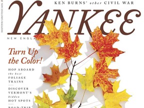 This image provided by Yankee Magazine shows the cover of the publication's September-October 2017 issue. The issue's suggestions for enjoying autumn in New England include trains for seeing fall foliage, a guide to Vermont's best under-the-radar leaf-peeping locations and a feature on the Topsfield Fair, Sept. 29-Oct. 9, in Topsfield, Mass., north of Boston. (Yankee Magazine via AP)