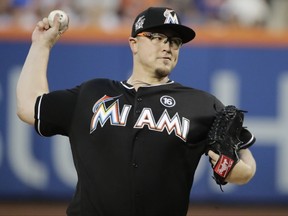 Miami Marlins' Vance Worley delivers a pitch during the first inning of a baseball game against the New York Mets Saturday, Aug. 19, 2017, in New York. (AP Photo/Frank Franklin II)