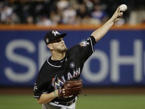 Miami Marlins' Justin Nicolino delivers a pitch during the first inning of a baseball game against the New York Mets on Friday, Aug. 18, 2017, in New York. (AP Photo/Frank Franklin II)