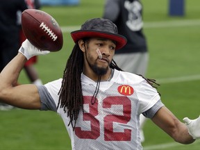 FILE - This Feb. 3, 2017 file photo shows Atlanta Falcons cornerback Jalen Collins (32) throwing during a practice for the NFL Super Bowl 51 football game in Houston. For the second straight year, Collins will be suspended for the start of the season for a violation of the league's policy on performance enhancers. The NFL announced Sunday, Aug. 6, 2017 that Collins has been suspended without pay for the first 10 games of the 2017 season. (AP Photo/Eric Gay, file)