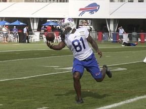 Newly acquired Buffalo Bills receiver Anquan Boldin makes a catch during passing drills at NFL football training camp in Pittsford, N.Y., Tuesday, Aug. 8, 2017. (Jaime Germano/Democrat & Chronicle via AP)