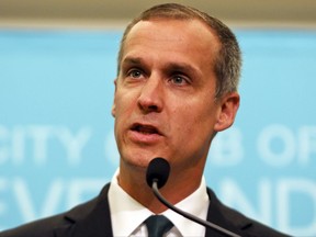 File-This Aug. 3, 2017 file photo shows Corey Lewandowski, former campaign manager for President Donald Trump, speaking at the City Club of Cleveland, in Cleveland.  Neighbors of Lewandowski say he harassed them in a land dispute and threatened to use his "political clout" to make their life "a nightmare." Glenn and Irene Schwartz countersued Lewandowski this month after he filed a $5 million lawsuit in July over access to a pond-front property in Windham, New Hampshire.(AP Photo/Dake Kang, File)