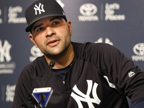 New York Yankees starting pitcher Jaime Garcia, who was traded at the trading deadline, to the Yankees from the Minnesota Twins after a brief stint there following his trade to the Twins from the Atlanta Braves, speaks at a press conference introducing him to the media at Yankee Stadium in New York, Tuesday, Aug. 1, 2017. (AP Photo/Kathy Willens)