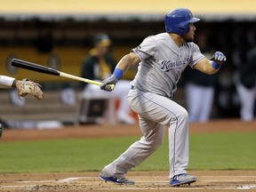 Kansas City Royals' Melky Cabrera watches his RBI single hit off Oakland Athletics' Chris Smith in the first inning of a baseball game Tuesday, Aug. 15, 2017, in Oakland, Calif. (AP Photo/Ben Margot)