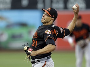 Baltimore Orioles pitcher Ubaldo Jimenez works against the Oakland Athletics during the first inning of a baseball game Friday, Aug. 11, 2017, in Oakland, Calif. (AP Photo/Ben Margot)