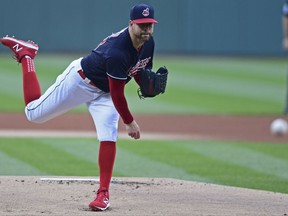 Cleveland Indians starting pitcher Corey Kluber delivers in the first inning of a baseball game against the New York Yankees, Thursday, Aug. 3, 2017, in Cleveland. (AP Photo/David Dermer)