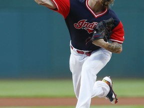 Cleveland Indians starting pitcher Mike Clevinger delivers against the Kansas City Royals during the first inning in a baseball game, Saturday, Aug. 26, 2017, in Cleveland. (AP Photo/Ron Schwane)