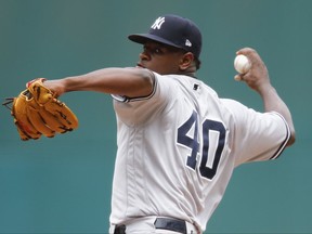 New York Yankees' Luis Severino delivers against the Cleveland Indians during the first inning in a baseball game, Sunday, Aug. 6, 2017, in Cleveland. (AP Photo/Ron Schwane)