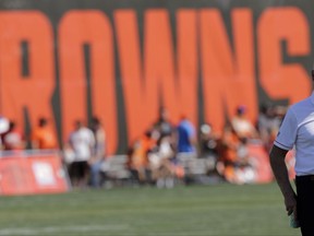 Cleveland Browns owner Jimmy Haslam watches during practice at the NFL football team's training camp facility, Wednesday, Aug. 16, 2017, in Berea, Ohio. (AP Photo/Tony Dejak)