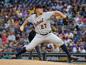 Detroit Tigers starting pitcher Jordan Zimmermann delivers in the first inning of a baseball game against the Pittsburgh Pirates in Pittsburgh, Monday, Aug. 7, 2017. (AP Photo/Gene J. Puskar)