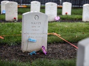 This Monday, Aug. 7, 2017 photo shows the headstone of Little Plume (aka Hayes Vanderbilt Friday), at Carlisle Barracks Cemetery in Carlisle, Pa.  A team of experts is poised to start exhuming three American Indian children who died more than a century ago while attending a government-run school in Pennsylvania.   The federal government is paying to dig up the remains of Little Plume, Horse and Little Chief and return them to Fremont County, Wyoming.  (Dan Gleiter  /PennLive.com via AP)