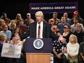 In this Aug. 24, 2017, photo provided by NBC, Alec Baldwin performs his impression of President Donald Trump on the set of "Weekend Update: Summer Edition" in New York. (Rosalind O'Connor/NBC via AP)