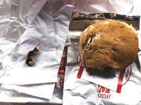 This Nov. 25, 2016, photo provided by Ellen Manfalouti, of Holland, Pa., shows the remains of a rodent, left, she alleges she found baked into the bun of a chicken sandwich, right, that a co-worker purchased for her that day at a Chick-fil-A franchise restaurant in Langhorne, Pa.