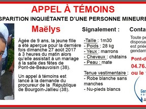 This notice released on Monday, Aug. 28, 2017, by Gendarmerie Nationale shows a call for witnesses and an undated portrait of a missing girl, Maelys, The notice, released on the Gendarmerie Nationale Twitter account, reads in French: "Call for witnesses" - "Worrying disappearance of a minor". French police are widening their search for a 9-year-old girl who disappeared during a wedding in the Alps, combing woods and streams and questioning more potential witnesses.(Gendarmerie Nationale via AP)