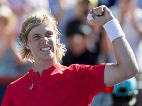 In this Aug. 9 file photo, Denis Shapovalov celebrates his win over Juan Martin del Potro at the Rogers Cup.