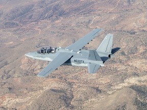 This Aug. 4, 2017, photo provided by the U.S. Air Force shows a Textron Scorpion experimental aircraft as it conducts handling and flying quality maneuvers above White Sands Missile Range near Alamagordo, N.M. The Scorpion is participating in test flights for the light-attack experiment known as the OA-X initiative being conducted Wednesday, Aug. 9, 2017, at Holloman Air Force Base in southern New Mexico. (Christopher Okula/U.S. Air Force via AP)