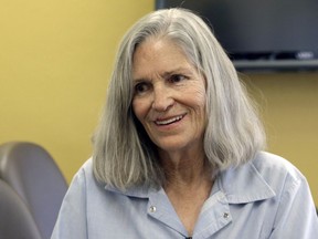 FILE - In this April 14, 2016 file photo, former Charles Manson follower Leslie Van Houten is shown during a break from her hearing before the California Board of Parole Hearings at the California Institution for Women in Chino, Calif. VanHouten is expected to get a court hearing Thursday, Aug. 31, 2017, to evaluate the role of her young age in the killing of a California couple four decades ago. (AP Photo/Nick Ut, File)