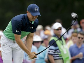 Jordan Spieth reacts to a poor tee shot on the eighth hole during the second round of the PGA Championship golf tournament at the Quail Hollow Club Friday, Aug. 11, 2017, in Charlotte, N.C. (AP Photo/Chuck Burton)