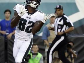 Philadelphia Eagles' Torrey Smith pulls in a touchdown pass during the first half of a preseason NFL football game against the Miami Dolphins, Thursday, Aug. 24, 2017, in Philadelphia. (AP Photo/Matt Rourke)