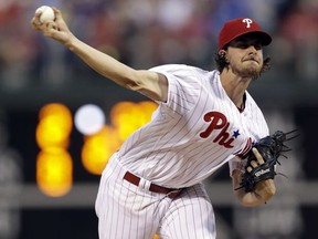 Philadelphia Phillies' Aaron Nola pitches during the first inning of a baseball game against the New York Mets, Saturday, Aug. 12, 2017, in Philadelphia. (AP Photo/Matt Slocum)