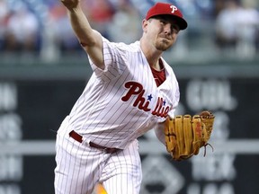 Philadelphia Phillies' Mark Leiter Jr. pitches during the first inning of a baseball game against the Miami Marlins, Wednesday, Aug. 23, 2017, in Philadelphia. (AP Photo/Matt Slocum)