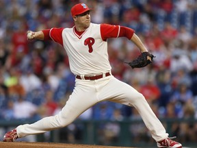 Philadelphia Phillies starting pitcher Jerad Eickhoff throws during the first inning of a baseball game against the Chicago Cubs, Friday, Aug. 25, 2017, in Philadelphia. (AP Photo/Laurence Kesterson)