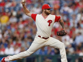 Philadelphia Phillies starting pitcher Ben Lively throws in the first inning of a baseball game against the Chicago Cubs, Saturday, Aug. 26, 2017, in Philadelphia. (AP Photo/Laurence Kesterson)