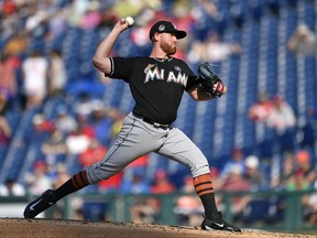 Miami Marlins starting pitcher Dan Straily throws during the third inning of the first baseball game in a doubleheader against the Philadelphia Phillies, Tuesday, Aug. 22, 2017, in Philadelphia. (AP Photo/Derik Hamilton)