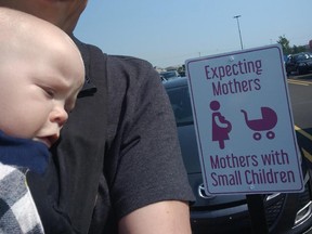 Justin Simard tweeted this photo to Sobeys asking if he, a new father, was allowed to park in the spot.