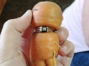 Mary Grams, 84, holds a carrot that grew through her engagement ring