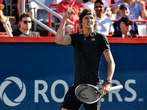 Alexander Zverev reacts after winning a point against Roger Federer in the Rogers Cup final on Aug. 13.