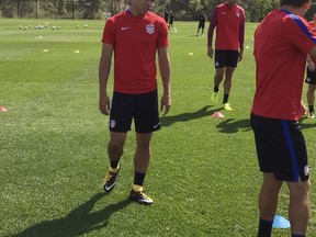 Bobby Wood participates in soccer practice, Wednesday, Aug. 30, 2017 in Whippany, N.J. Bobby Wood still doesn't want to talk about the knee injury that slowed his breakout debut season with Hamburg. U.S. coach Bruce Arena said it is clear to him the forward is back in form. (AP Photo/Ron Blum)