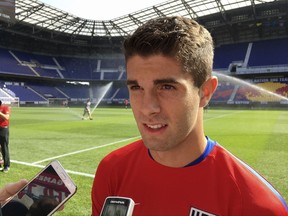 Christian Pulisic speaks to the media at Red Bull Arena in Harrison, N.J., Thursday, Aug. 31, 2017. Just 18 years old, Pulisic has become the key player for the United States soccer team heading into its World Cup qualifier against Costa Rica on Friday. (AP Photo/Ron Blum)