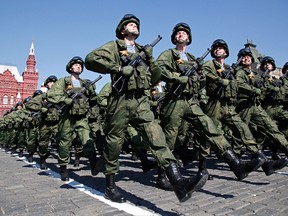 Russian soldiers march during the Victory Day military parade in Moscow's Red Square on May 9, 2016.