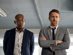 Ryan Reynolds, right, and Samuel L. Jackson star in The Hitman's Bodyguard.