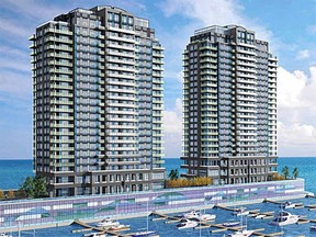 An artist's rendering of two condominium buildings at 1100 King St. W. to be constructed on the site of a former grain elevator pier.